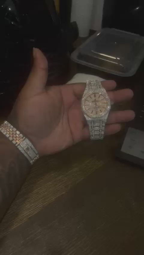 41mm AP Royal Oak Fully Iced Everose Rose Gold Watch - 28ct VVS Moissanite Diamonds | Luxury Custom Watch